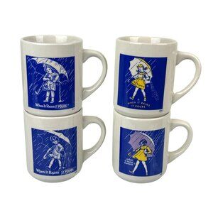 Morton Salt Advertisement Through the Ages Ceramic Set of 4 Coffee Mugs Blue VTG